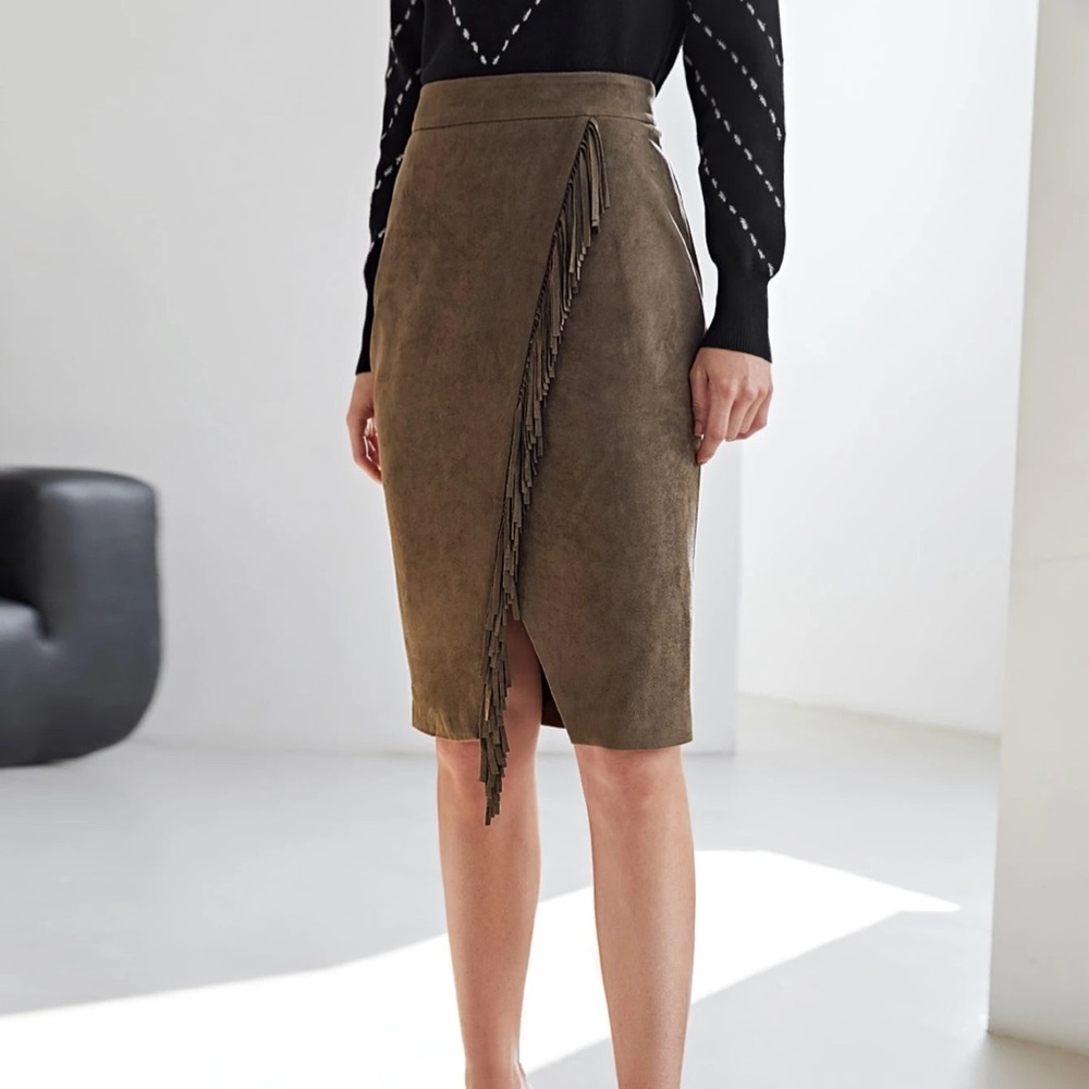 Olive Fringe Wrap Midi Skirt Chic EUC